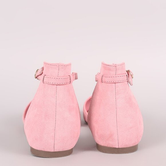 New Pink Pointed Toe Ankle Strap Ballet Flat Ballerina Shoes Faux Suede Size 8 - Picture 3 of 3
